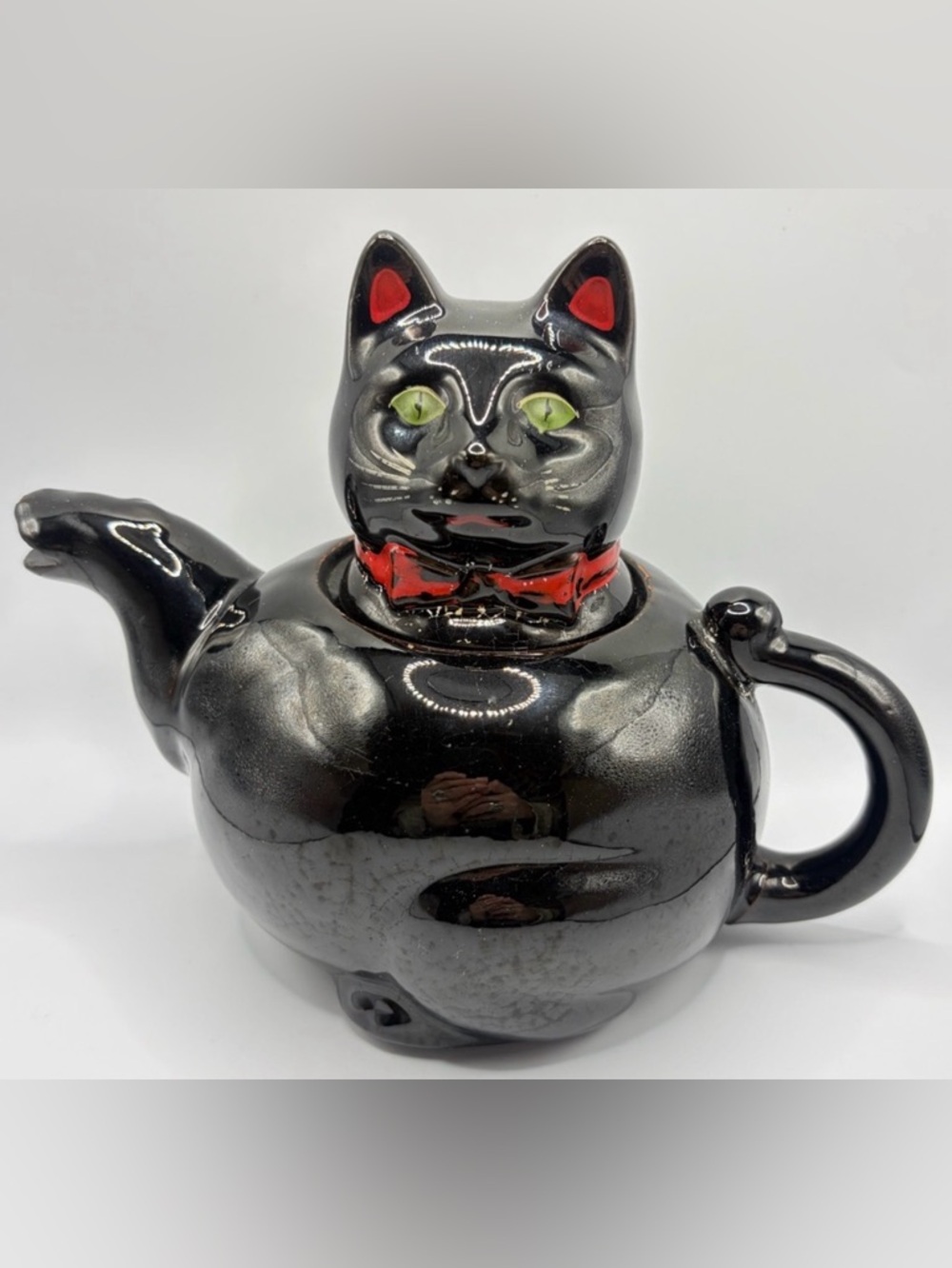 Shafford Redware Vintage Hand Painted Black Cat Kitsch Pottery Teapot, Lidded